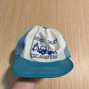Vintage Chuck Wiley Excavating Trucker Hat Blue White Mesh Snapback Cap Mens